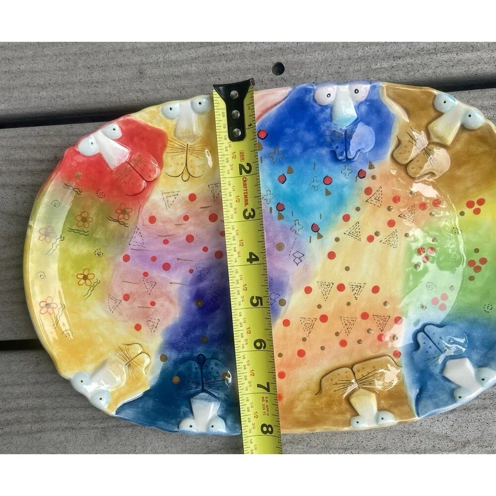 Studio Designworks Joy Cat Platter Hand Painted Ceramic Whimsical Cute Funny 12”